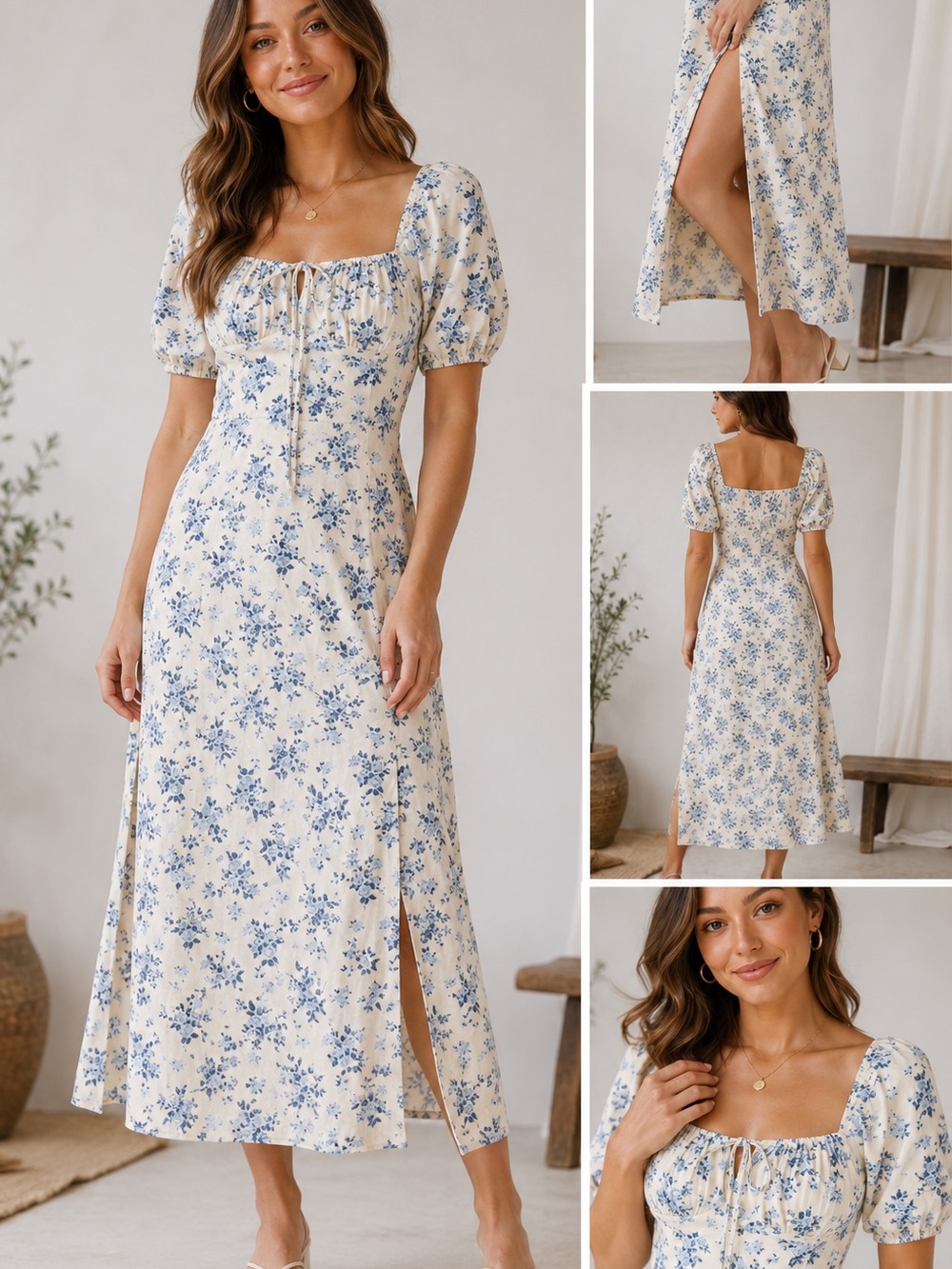 Blue White Floral Midi Dress Small Puff Short Sleeve Square Neck Cottagecore